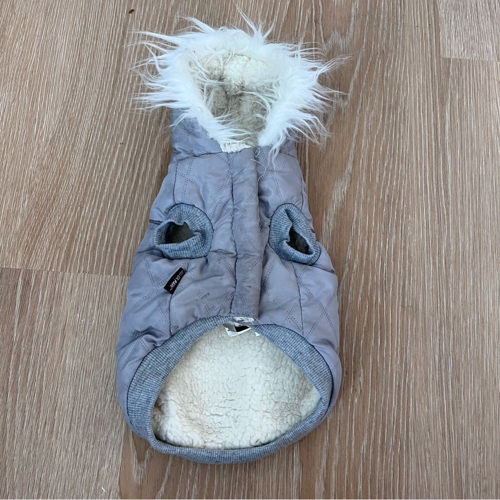 Top Paw Silver Dog Puffer Jacket Faux Fur Hood Winter Pet Coat